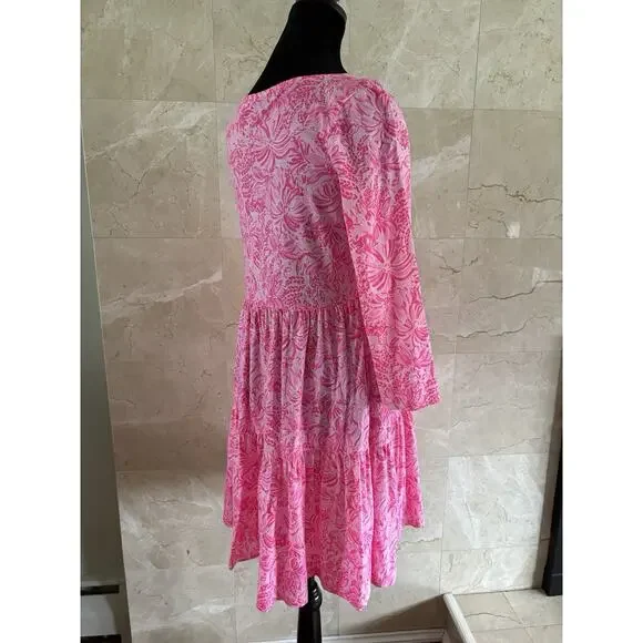 Lilly Pulitzer Geanna Swing Dress — S Pink Blossom Foxy Llama 3/4 Sleeve Tiered - Picture 4 of 10